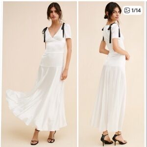 LIONESS Du Cap Satin Maxi Dress With Black Bow On Shoulder Size S